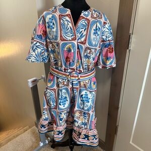 NWT Joie Burton Down Belted Puff Sleeve Printed Mini Dress Coastal Cerrado Beach